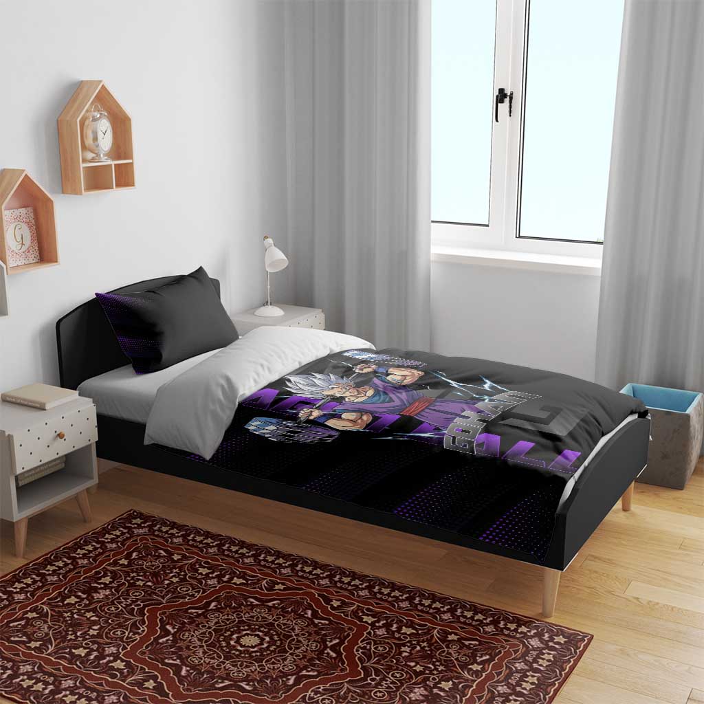 Gohan Dragon Ball Gym Theme Bedding Set with Dumbbell Power Lift and Electric Aura on Black and Purple Design - The Mazicc