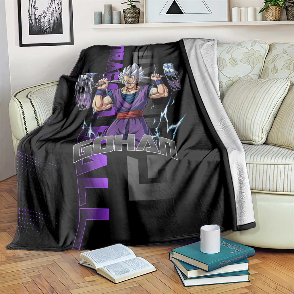 Gohan Dragon Ball Gym Theme Blanket with Dumbbell Power Lift and Electric Aura on Black and Purple Design - The Mazicc