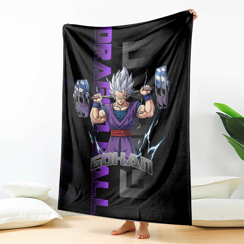 Gohan Dragon Ball Gym Theme Blanket with Dumbbell Power Lift and Electric Aura on Black and Purple Design - The Mazicc