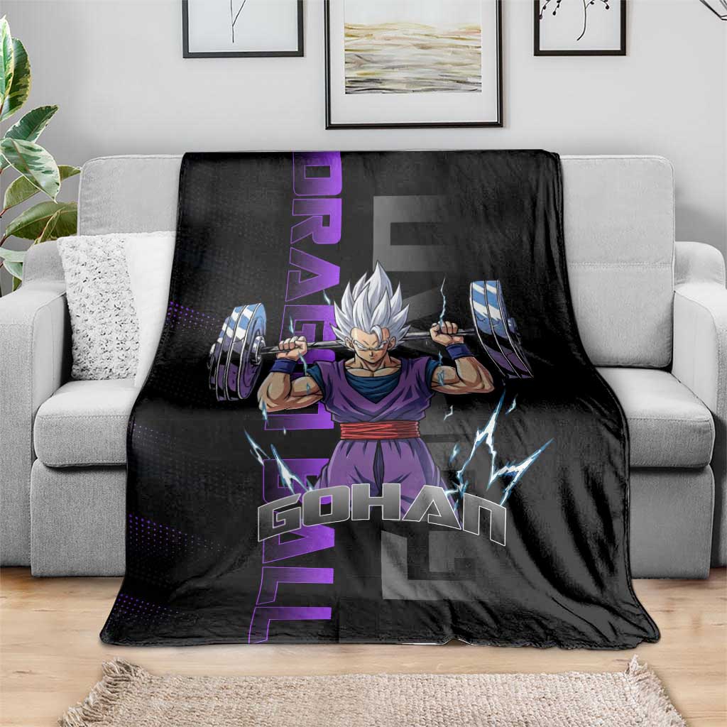 Gohan Dragon Ball Gym Theme Blanket with Dumbbell Power Lift and Electric Aura on Black and Purple Design - The Mazicc