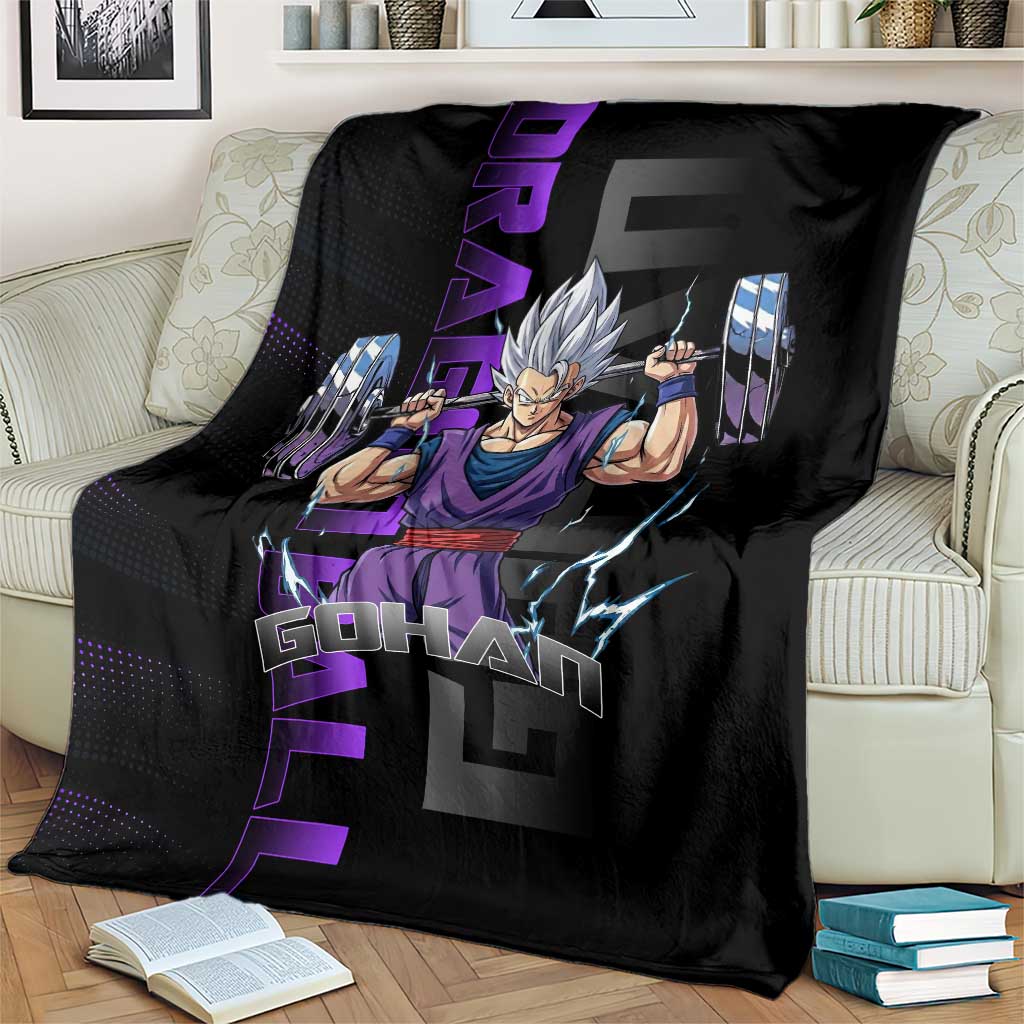 Gohan Dragon Ball Gym Theme Blanket with Dumbbell Power Lift and Electric Aura on Black and Purple Design - The Mazicc