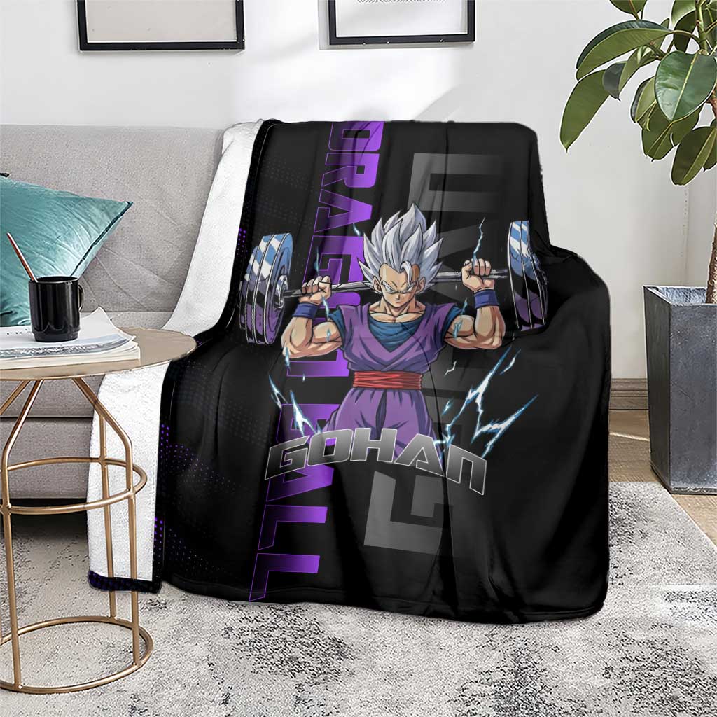 Gohan Dragon Ball Gym Theme Blanket with Dumbbell Power Lift and Electric Aura on Black and Purple Design - The Mazicc