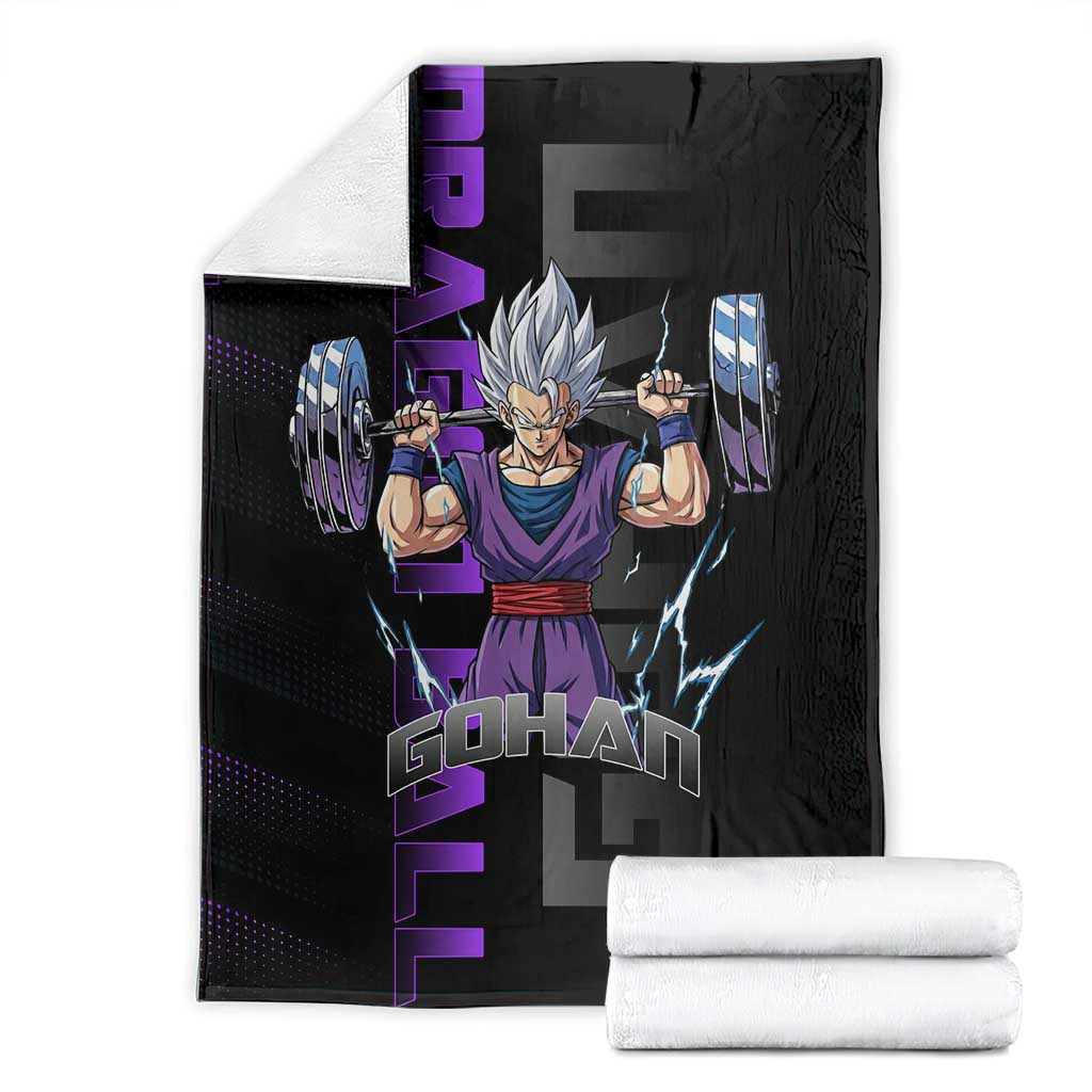 Gohan Dragon Ball Gym Theme Blanket with Dumbbell Power Lift and Electric Aura on Black and Purple Design - The Mazicc