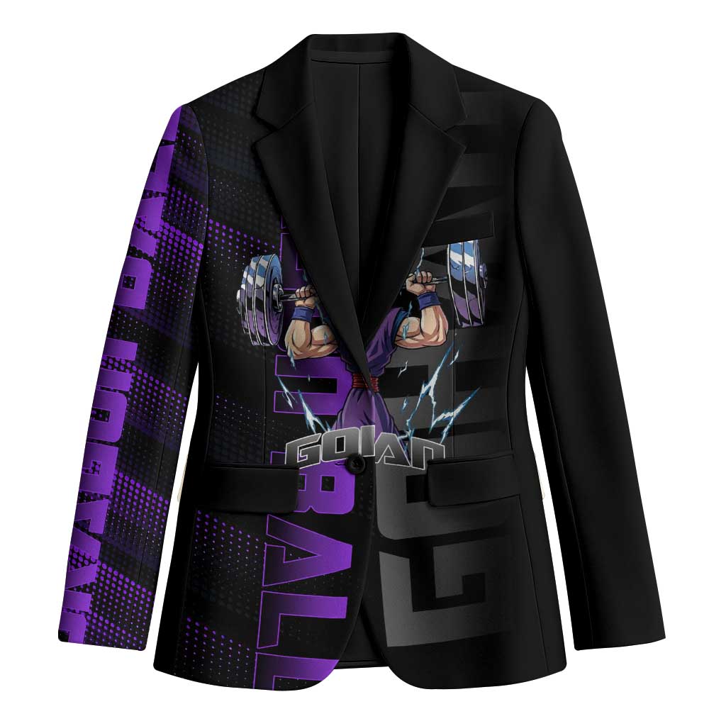 Gohan Dragon Ball Gym Theme Blazer with Dumbbell Power Lift and Electric Aura on Black and Purple Design - The Mazicc