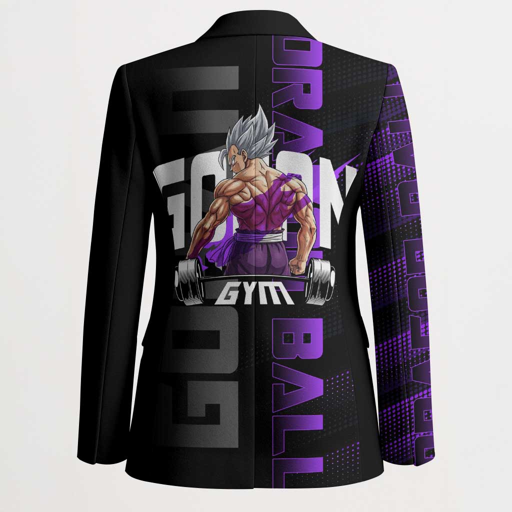 Gohan Dragon Ball Gym Theme Blazer with Dumbbell Power Lift and Electric Aura on Black and Purple Design - The Mazicc
