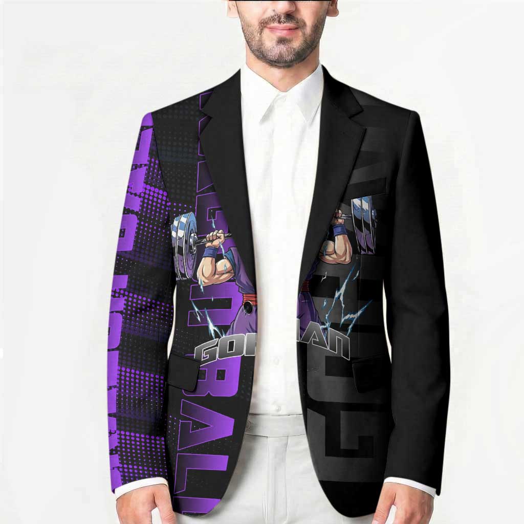 Gohan Dragon Ball Gym Theme Blazer with Dumbbell Power Lift and Electric Aura on Black and Purple Design - The Mazicc