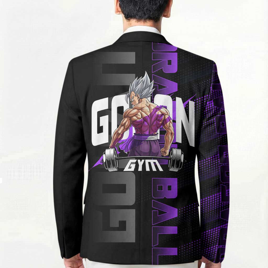 Gohan Dragon Ball Gym Theme Blazer with Dumbbell Power Lift and Electric Aura on Black and Purple Design - The Mazicc