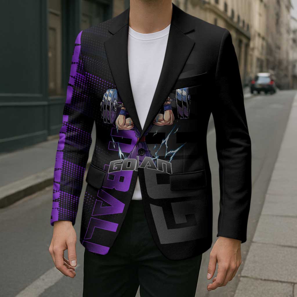 Gohan Dragon Ball Gym Theme Blazer with Dumbbell Power Lift and Electric Aura on Black and Purple Design - The Mazicc