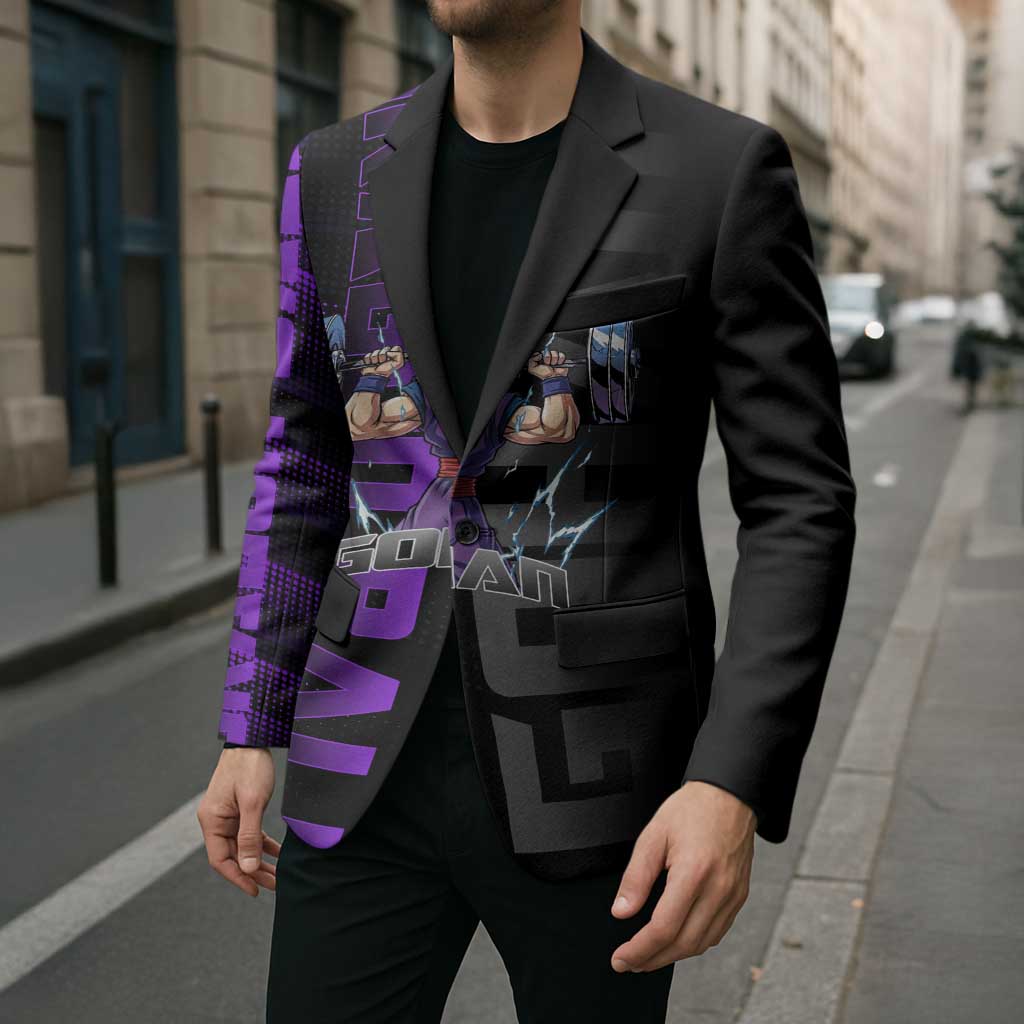 Gohan Dragon Ball Gym Theme Blazer with Dumbbell Power Lift and Electric Aura on Black and Purple Design - The Mazicc