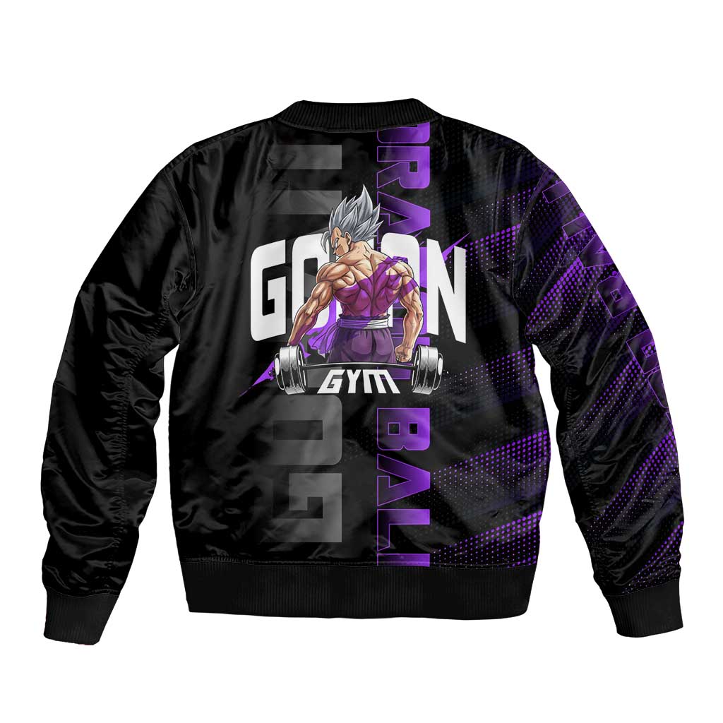 Gohan Dragon Ball Gym Theme Bomber Jacket with Dumbbell Power Lift and Electric Aura on Black and Purple Design - The Mazicc