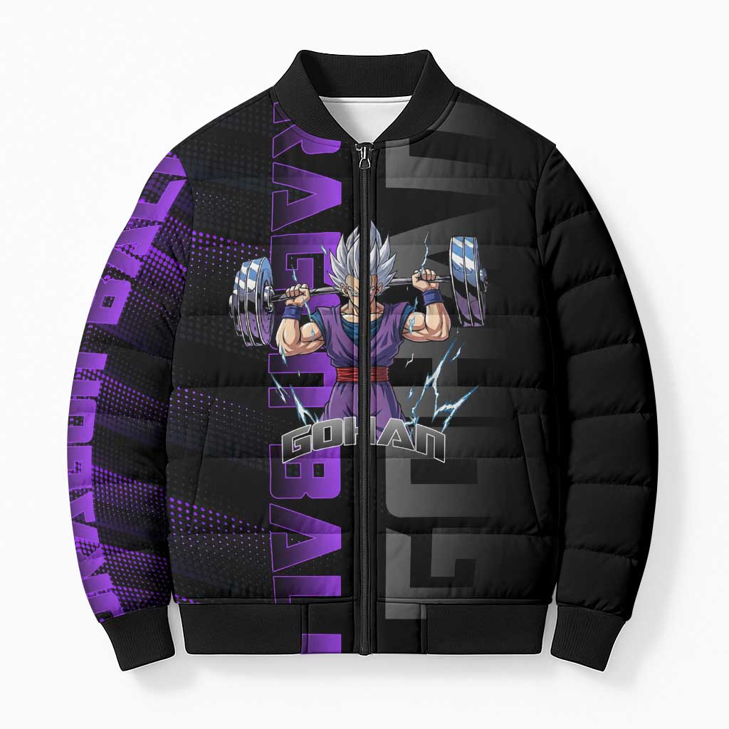 Gohan Dragon Ball Gym Theme Bomber Puffer Jacket with Dumbbell Power Lift and Electric Aura on Black and Purple Design - The Mazicc