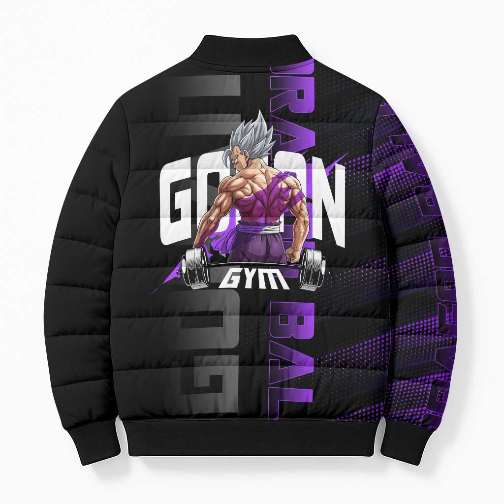 Gohan Dragon Ball Gym Theme Bomber Puffer Jacket with Dumbbell Power Lift and Electric Aura on Black and Purple Design - The Mazicc