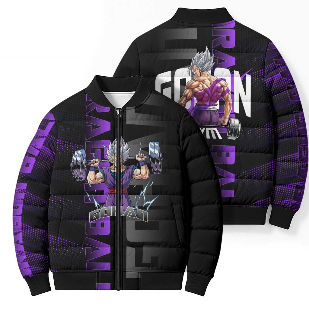 Gohan Dragon Ball Gym Theme Bomber Puffer Jacket with Dumbbell Power Lift and Electric Aura on Black and Purple Design - The Mazicc