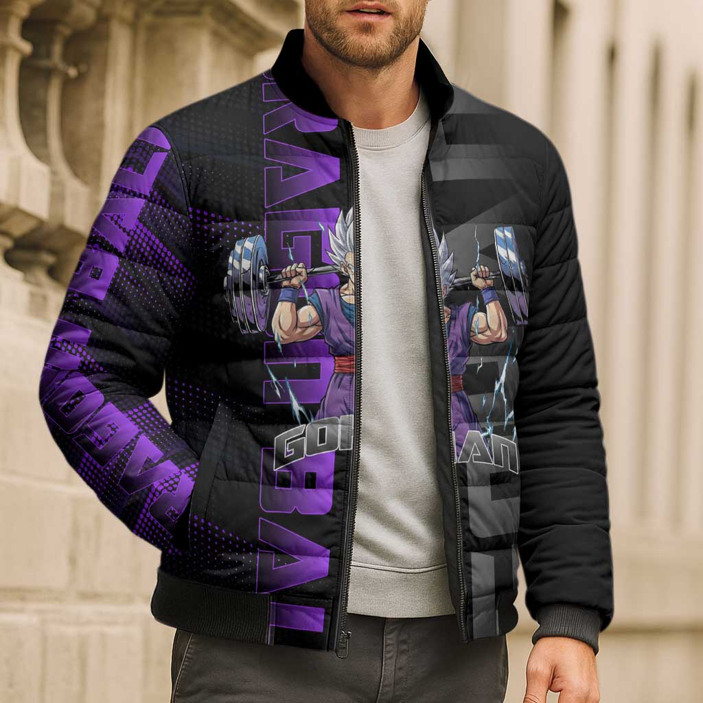 Gohan Dragon Ball Gym Theme Bomber Puffer Jacket with Dumbbell Power Lift and Electric Aura on Black and Purple Design - The Mazicc