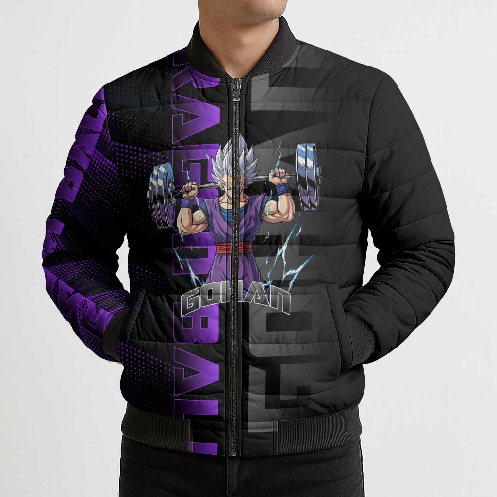 Gohan Dragon Ball Gym Theme Bomber Puffer Jacket with Dumbbell Power Lift and Electric Aura on Black and Purple Design - The Mazicc