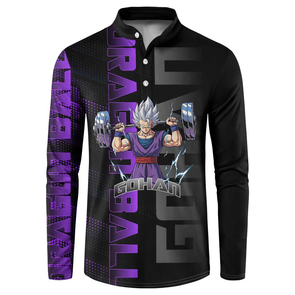 Gohan Dragon Ball Gym Theme Button Sweatshirt with Dumbbell Power Lift and Electric Aura on Black and Purple Design - The Mazicc