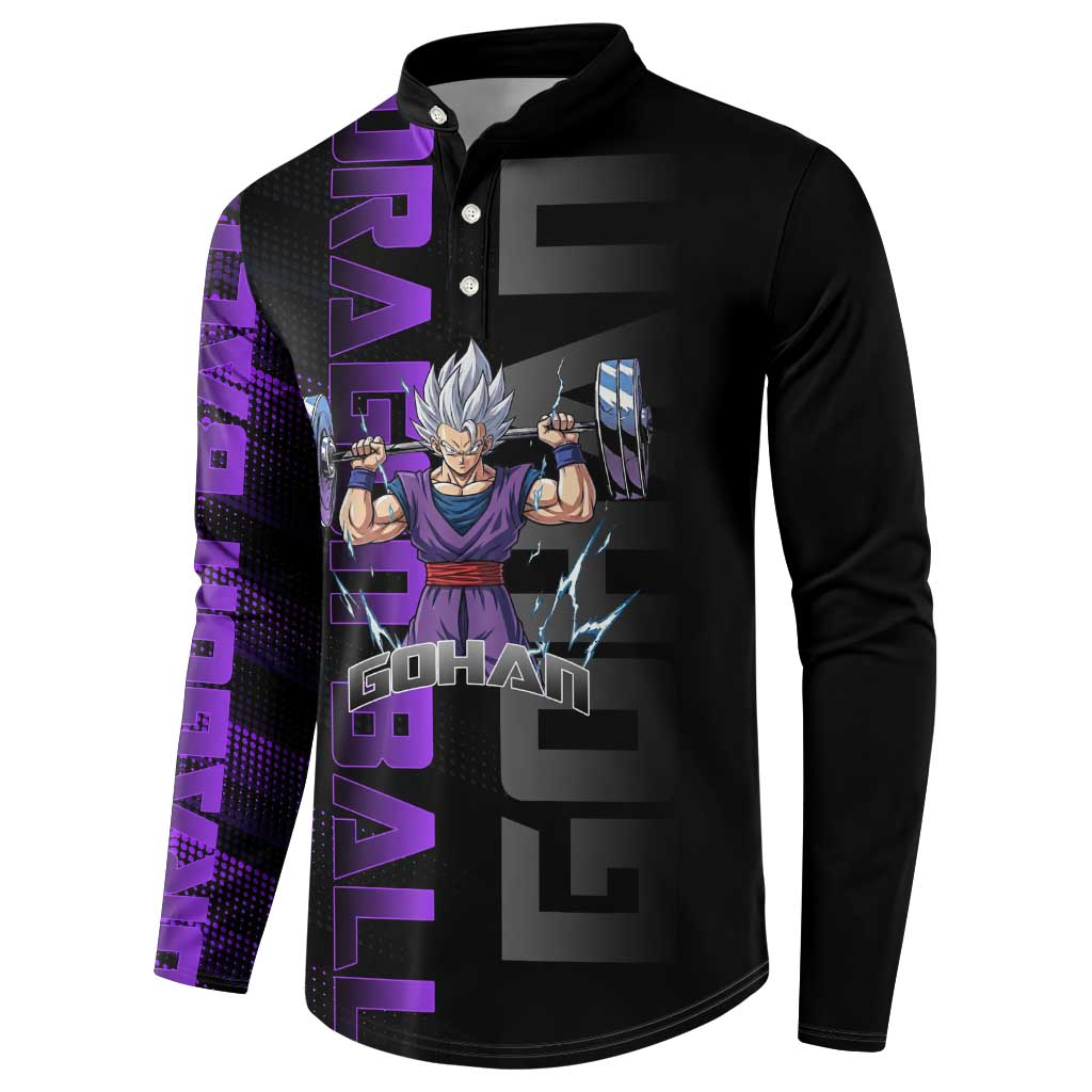 Gohan Dragon Ball Gym Theme Button Sweatshirt with Dumbbell Power Lift and Electric Aura on Black and Purple Design - The Mazicc