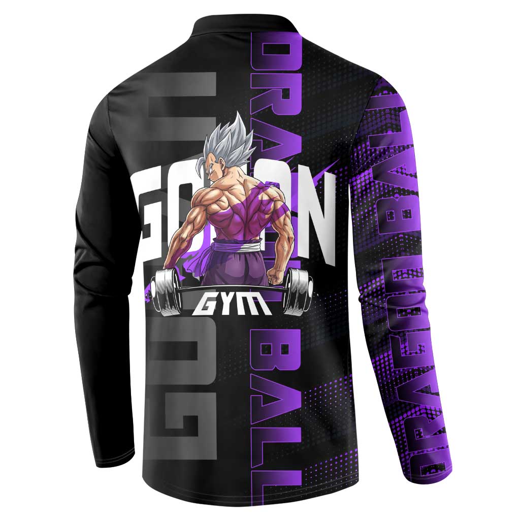 Gohan Dragon Ball Gym Theme Button Sweatshirt with Dumbbell Power Lift and Electric Aura on Black and Purple Design - The Mazicc