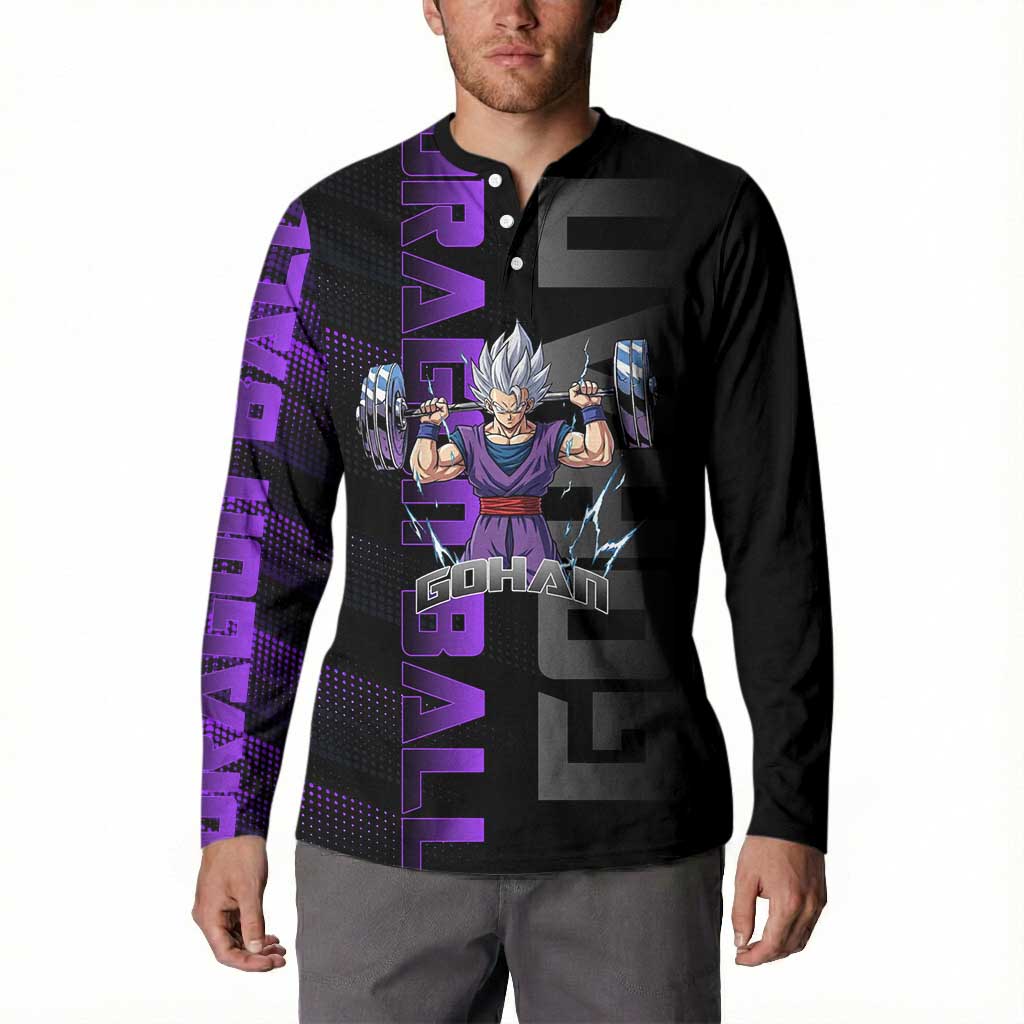 Gohan Dragon Ball Gym Theme Button Sweatshirt with Dumbbell Power Lift and Electric Aura on Black and Purple Design - The Mazicc