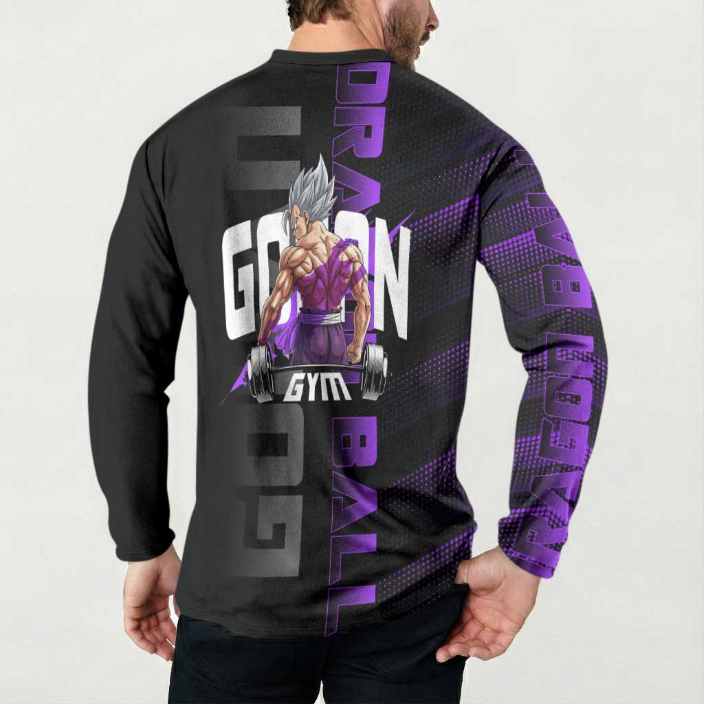 Gohan Dragon Ball Gym Theme Button Sweatshirt with Dumbbell Power Lift and Electric Aura on Black and Purple Design - The Mazicc