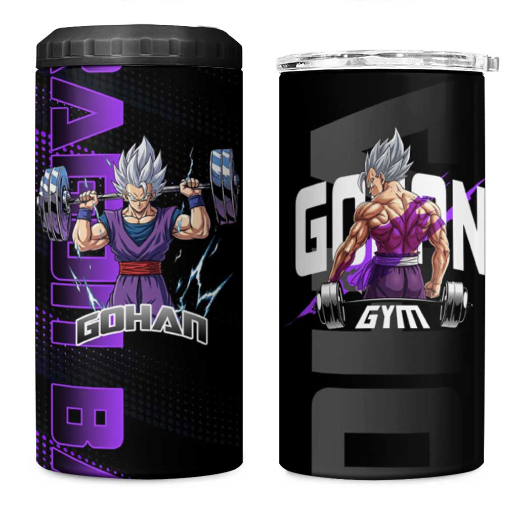 Gohan Dragon Ball Gym Theme 4 in 1 Can Cooler Tumbler with Dumbbell Power Lift and Electric Aura on Black and Purple Design - The Mazicc