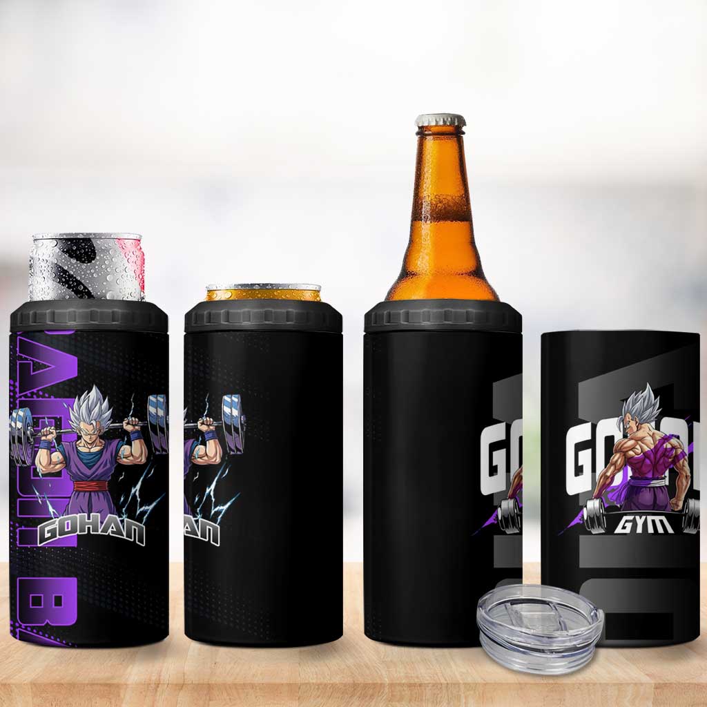 Gohan Dragon Ball Gym Theme 4 in 1 Can Cooler Tumbler with Dumbbell Power Lift and Electric Aura on Black and Purple Design - The Mazicc