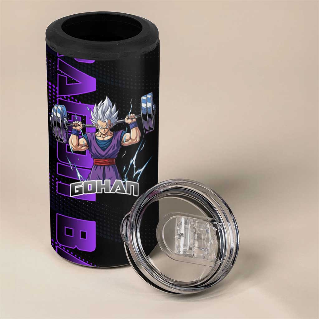 Gohan Dragon Ball Gym Theme 4 in 1 Can Cooler Tumbler with Dumbbell Power Lift and Electric Aura on Black and Purple Design - The Mazicc