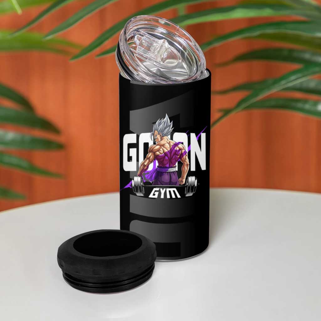 Gohan Dragon Ball Gym Theme 4 in 1 Can Cooler Tumbler with Dumbbell Power Lift and Electric Aura on Black and Purple Design - The Mazicc