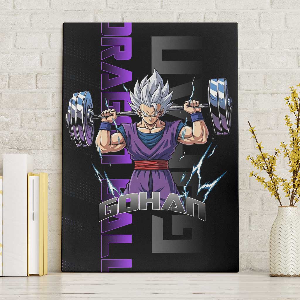Gohan Dragon Ball Gym Theme Canvas Wall Art with Dumbbell Power Lift and Electric Aura on Black and Purple Design - The Mazicc