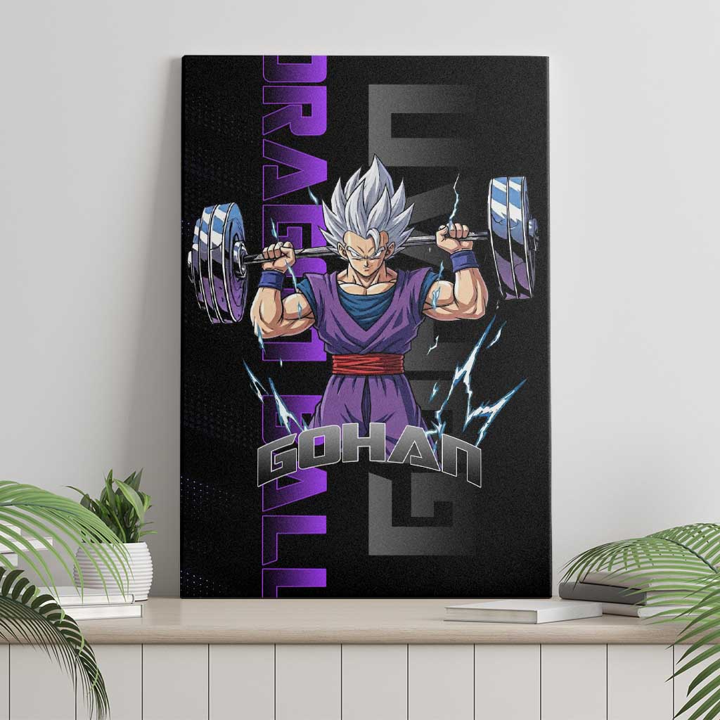 Gohan Dragon Ball Gym Theme Canvas Wall Art with Dumbbell Power Lift and Electric Aura on Black and Purple Design - The Mazicc