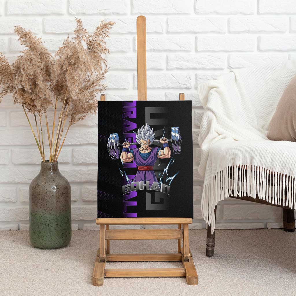 Gohan Dragon Ball Gym Theme Canvas Wall Art with Dumbbell Power Lift and Electric Aura on Black and Purple Design - The Mazicc