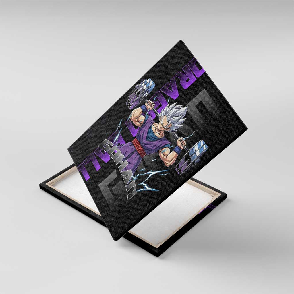 Gohan Dragon Ball Gym Theme Canvas Wall Art with Dumbbell Power Lift and Electric Aura on Black and Purple Design - The Mazicc