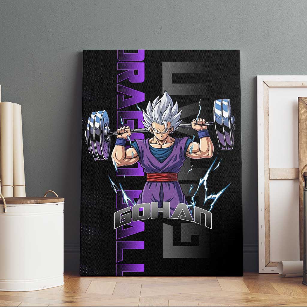 Gohan Dragon Ball Gym Theme Canvas Wall Art with Dumbbell Power Lift and Electric Aura on Black and Purple Design - The Mazicc