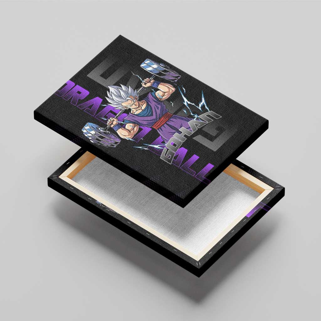 Gohan Dragon Ball Gym Theme Canvas Wall Art with Dumbbell Power Lift and Electric Aura on Black and Purple Design - The Mazicc