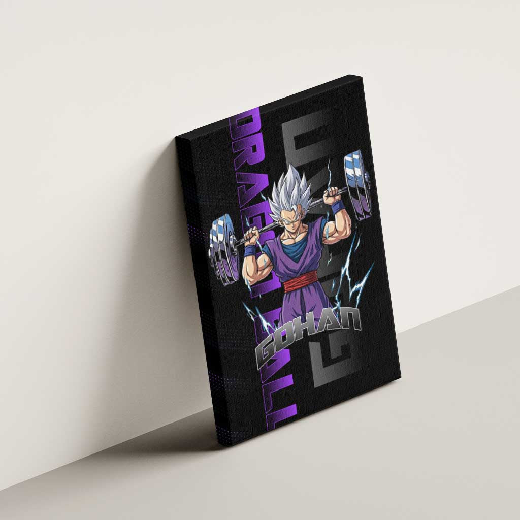 Gohan Dragon Ball Gym Theme Canvas Wall Art with Dumbbell Power Lift and Electric Aura on Black and Purple Design - The Mazicc