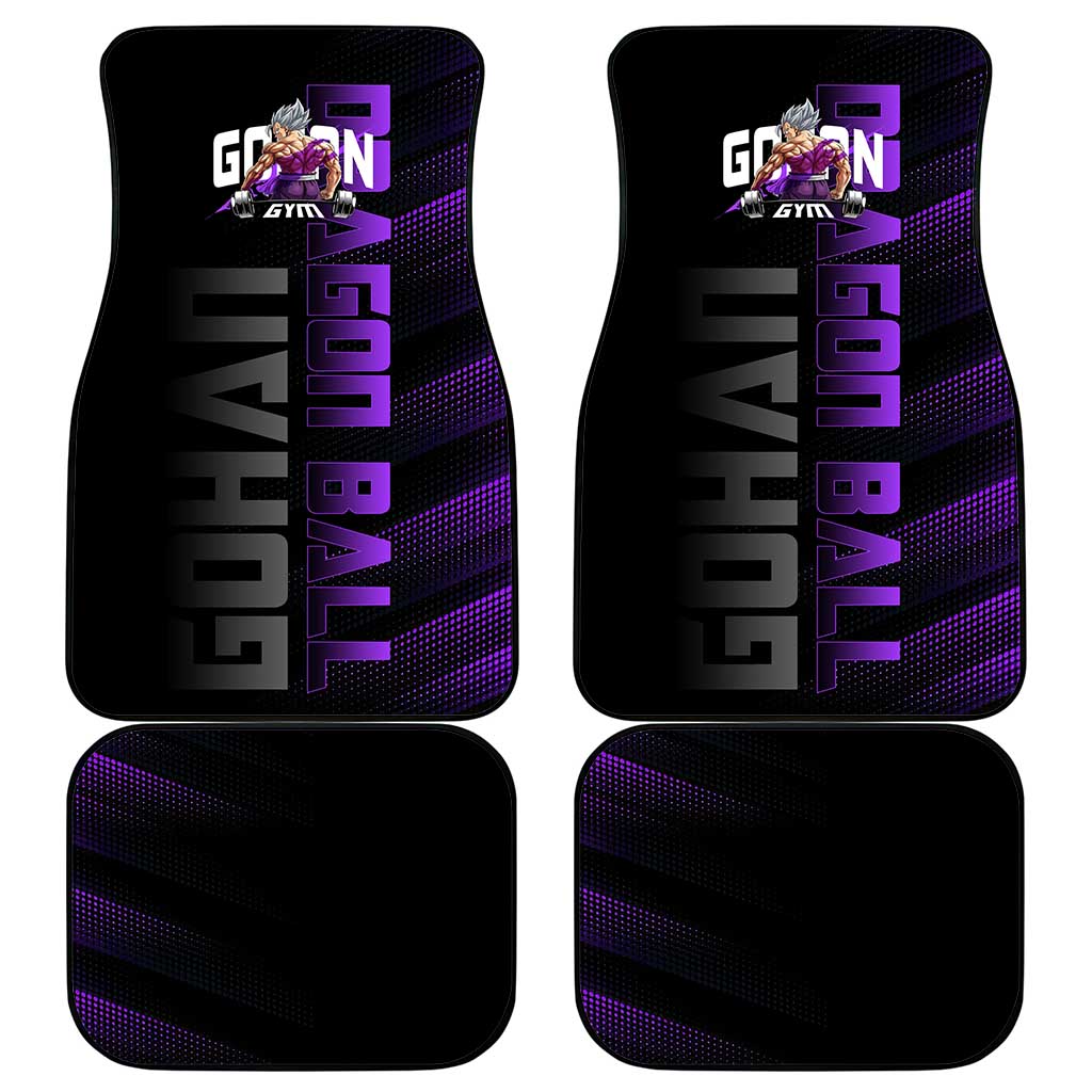 Gohan Dragon Ball Gym Theme Car Mats with Dumbbell Power Lift and Electric Aura on Black and Purple Design - The Mazicc