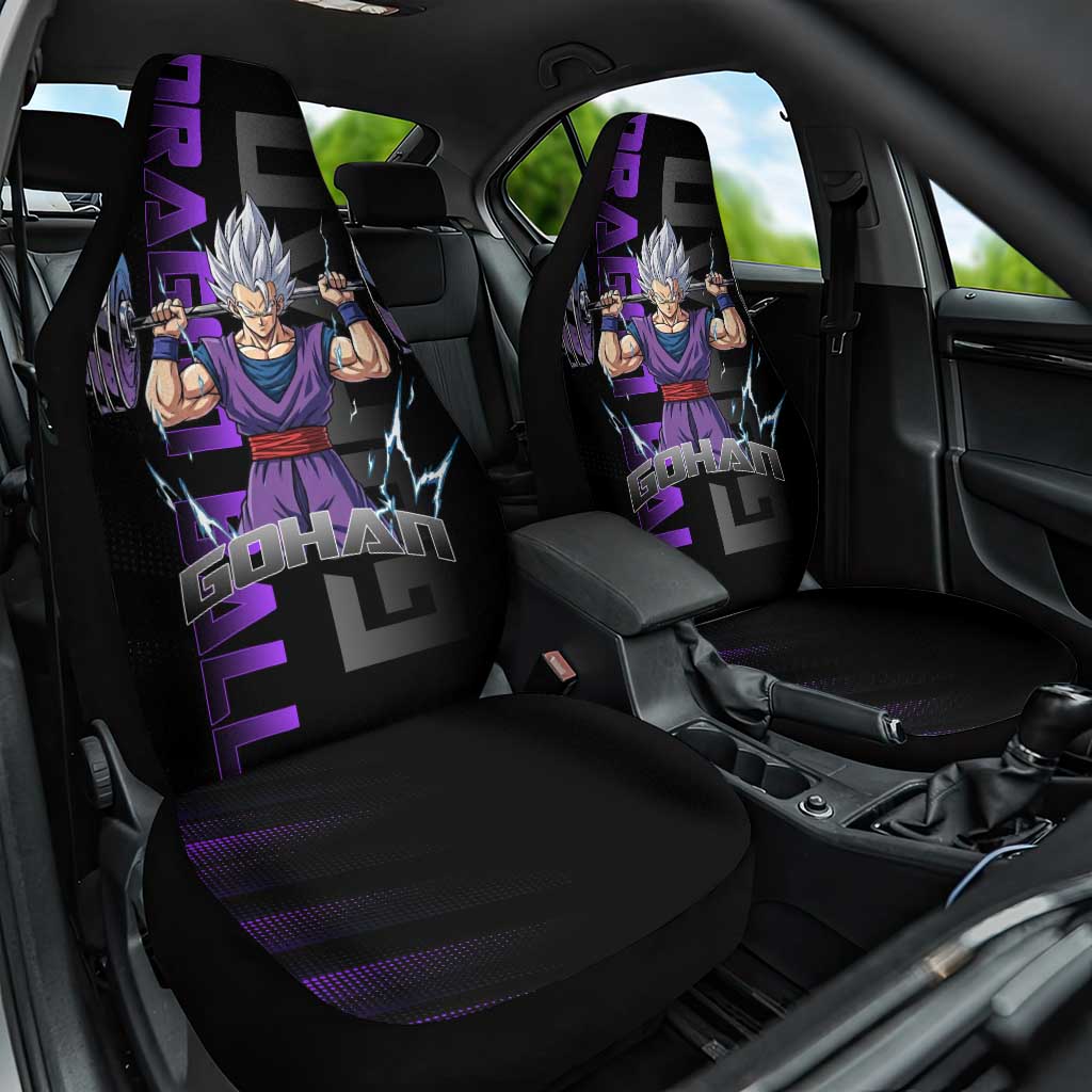 Gohan Dragon Ball Gym Theme Car Seat Cover with Dumbbell Power Lift and Electric Aura on Black and Purple Design - The Mazicc