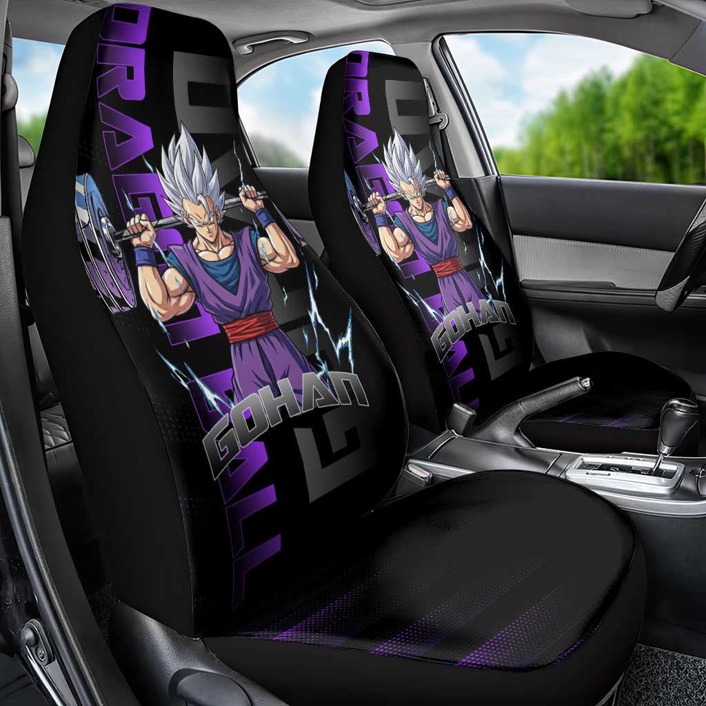 Gohan Dragon Ball Gym Theme Car Seat Cover with Dumbbell Power Lift and Electric Aura on Black and Purple Design - The Mazicc