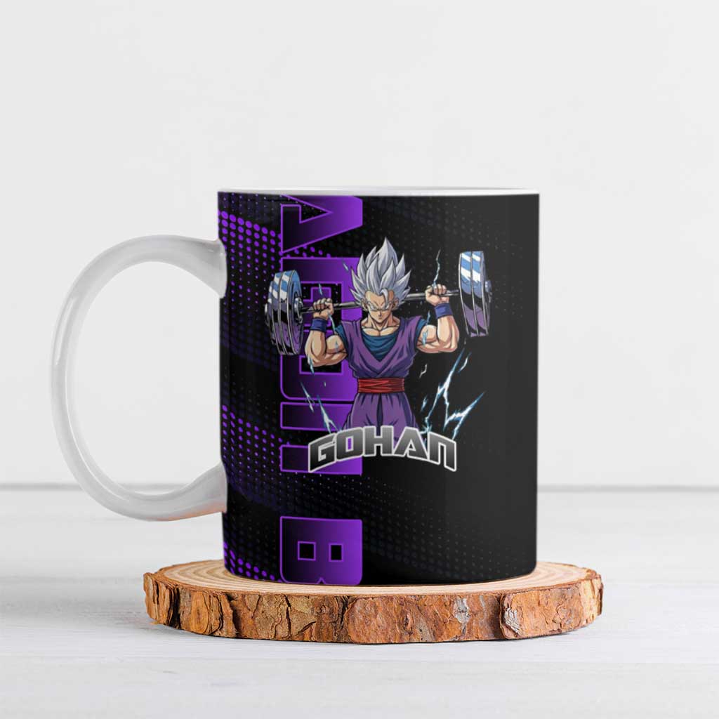 Gohan Dragon Ball Gym Theme Ceramic Mug with Dumbbell Power Lift and Electric Aura on Black and Purple Design - The Mazicc