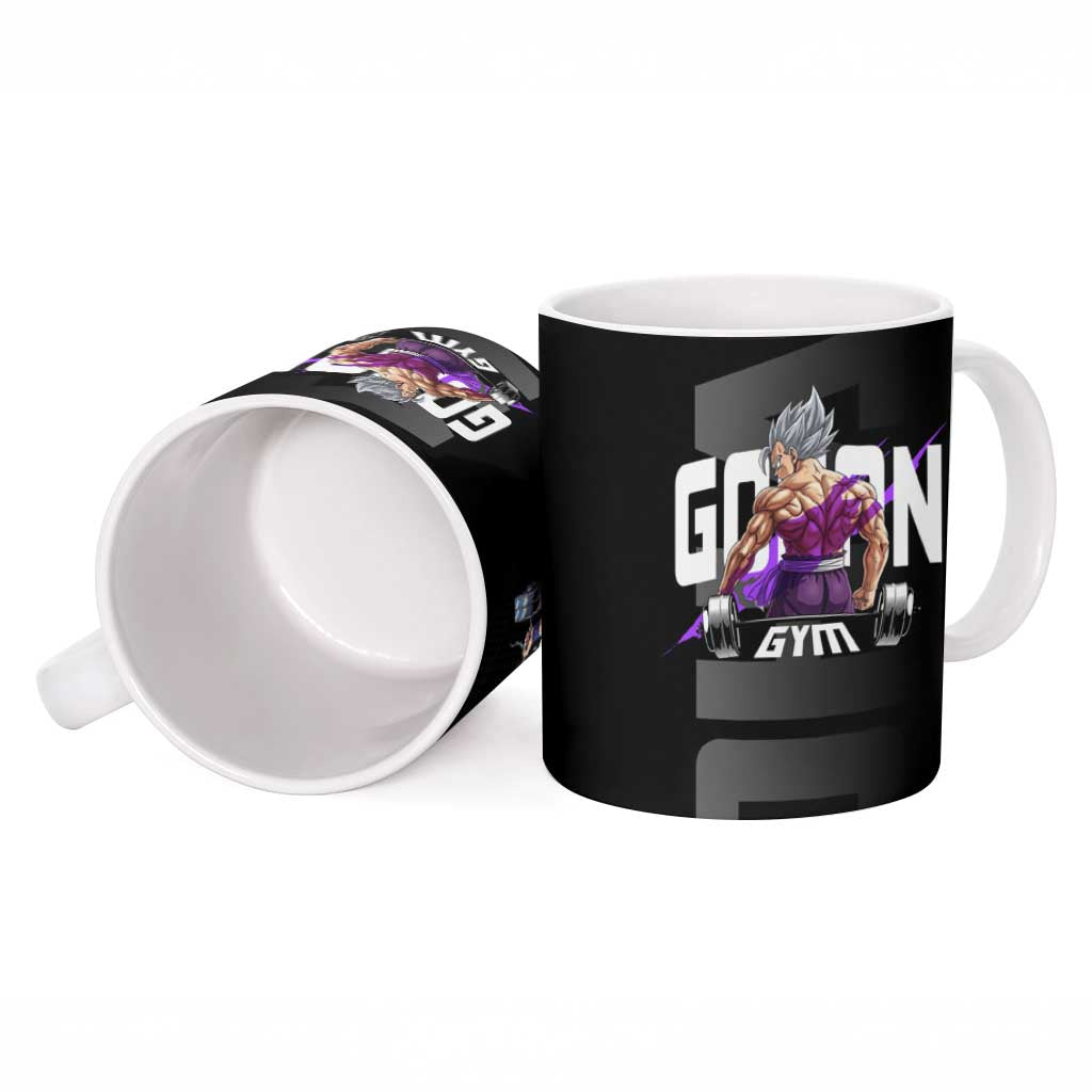 Gohan Dragon Ball Gym Theme Ceramic Mug with Dumbbell Power Lift and Electric Aura on Black and Purple Design - The Mazicc