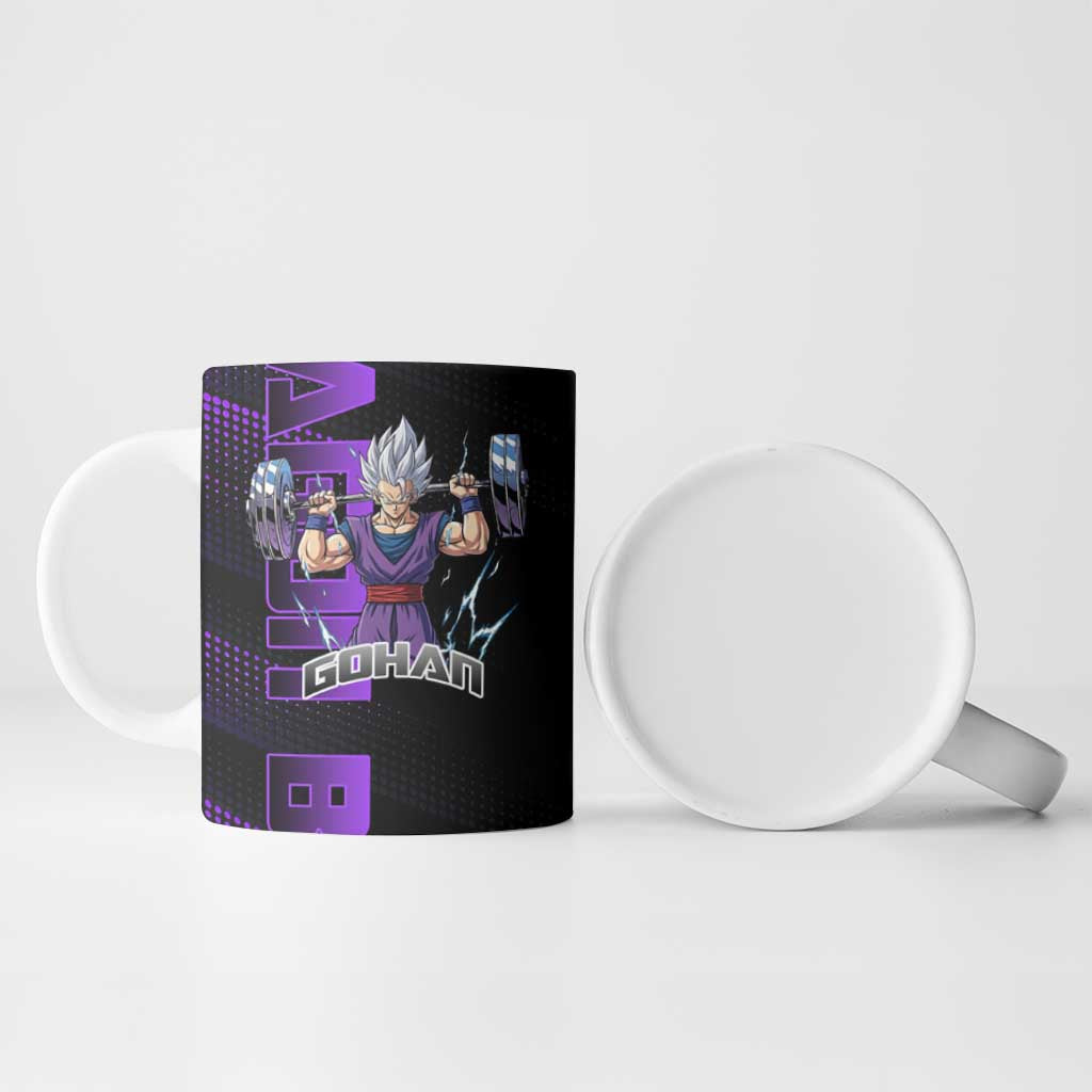 Gohan Dragon Ball Gym Theme Ceramic Mug with Dumbbell Power Lift and Electric Aura on Black and Purple Design - The Mazicc