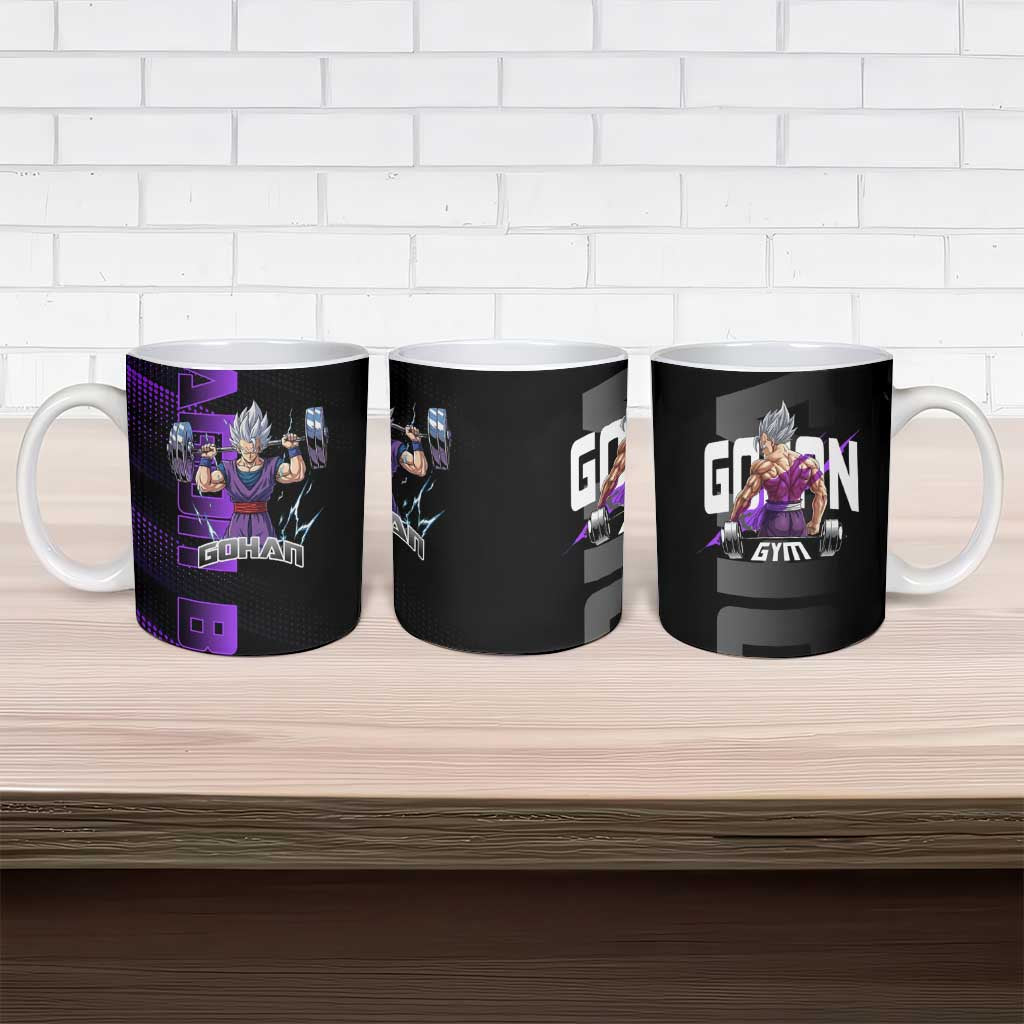 Gohan Dragon Ball Gym Theme Ceramic Mug with Dumbbell Power Lift and Electric Aura on Black and Purple Design - The Mazicc