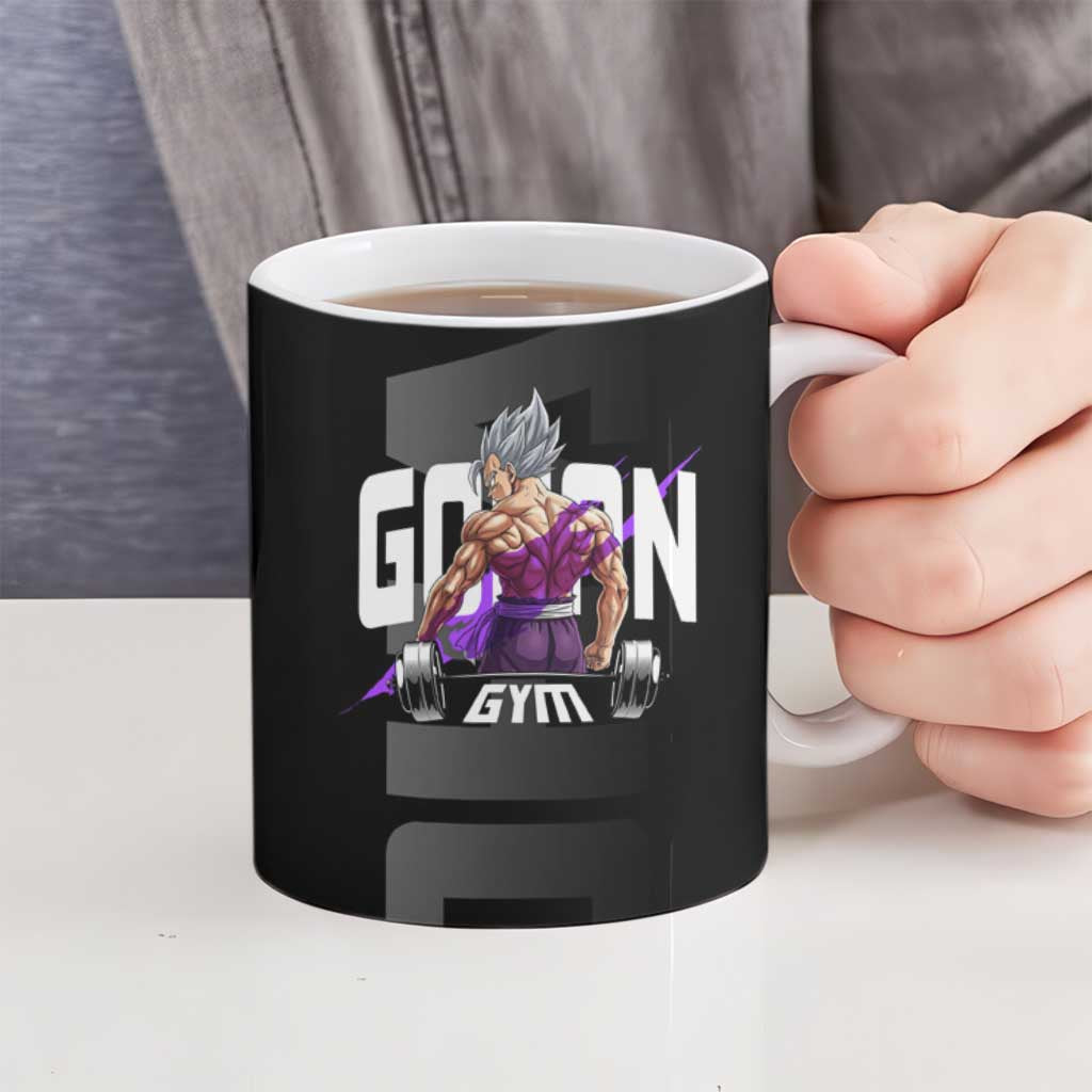 Gohan Dragon Ball Gym Theme Ceramic Mug with Dumbbell Power Lift and Electric Aura on Black and Purple Design - The Mazicc
