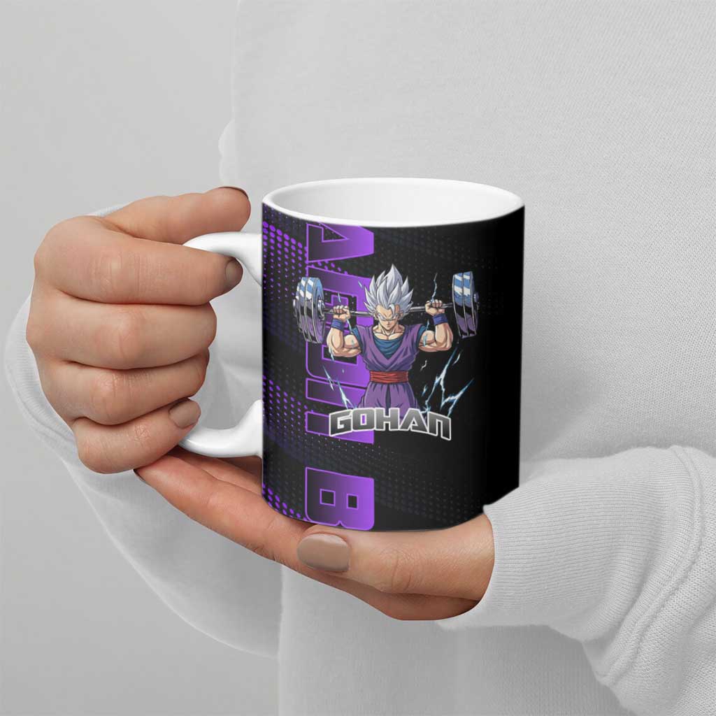 Gohan Dragon Ball Gym Theme Ceramic Mug with Dumbbell Power Lift and Electric Aura on Black and Purple Design - The Mazicc