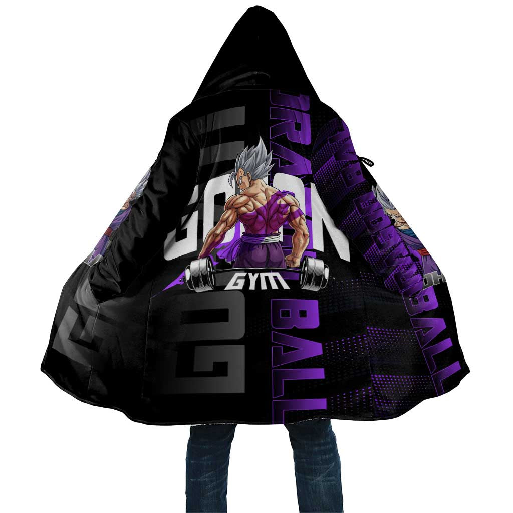 Gohan Dragon Ball Gym Theme Cloak with Dumbbell Power Lift and Electric Aura on Black and Purple Design - The Mazicc