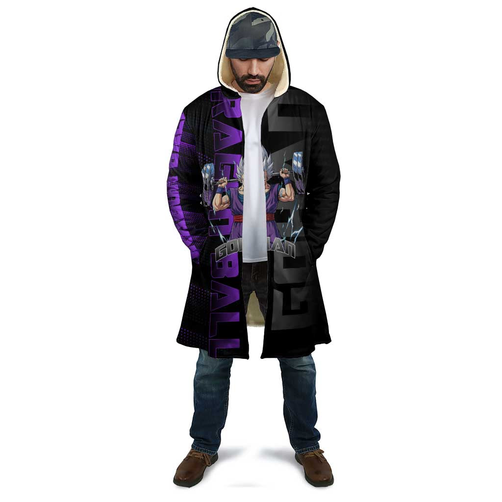 Gohan Dragon Ball Gym Theme Cloak with Dumbbell Power Lift and Electric Aura on Black and Purple Design - The Mazicc