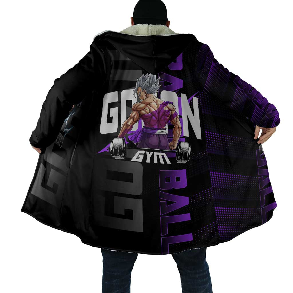Gohan Dragon Ball Gym Theme Cloak with Dumbbell Power Lift and Electric Aura on Black and Purple Design - The Mazicc