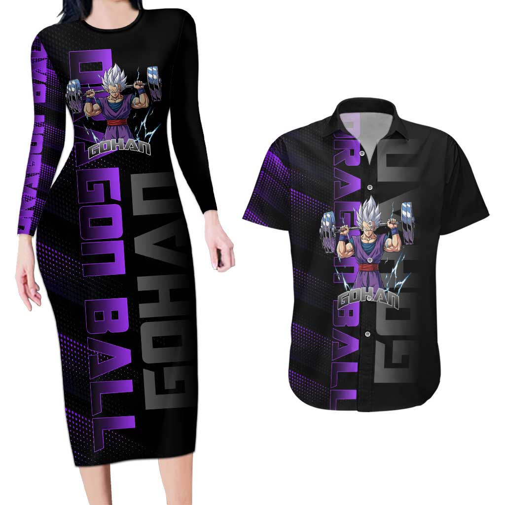 Gohan Dragon Ball Gym Theme Couples Matching Long Sleeve Bodycon Dress and Hawaiian Shirt with Dumbbell Power Lift and Electric Aura on Black and Purple Design - The Mazicc
