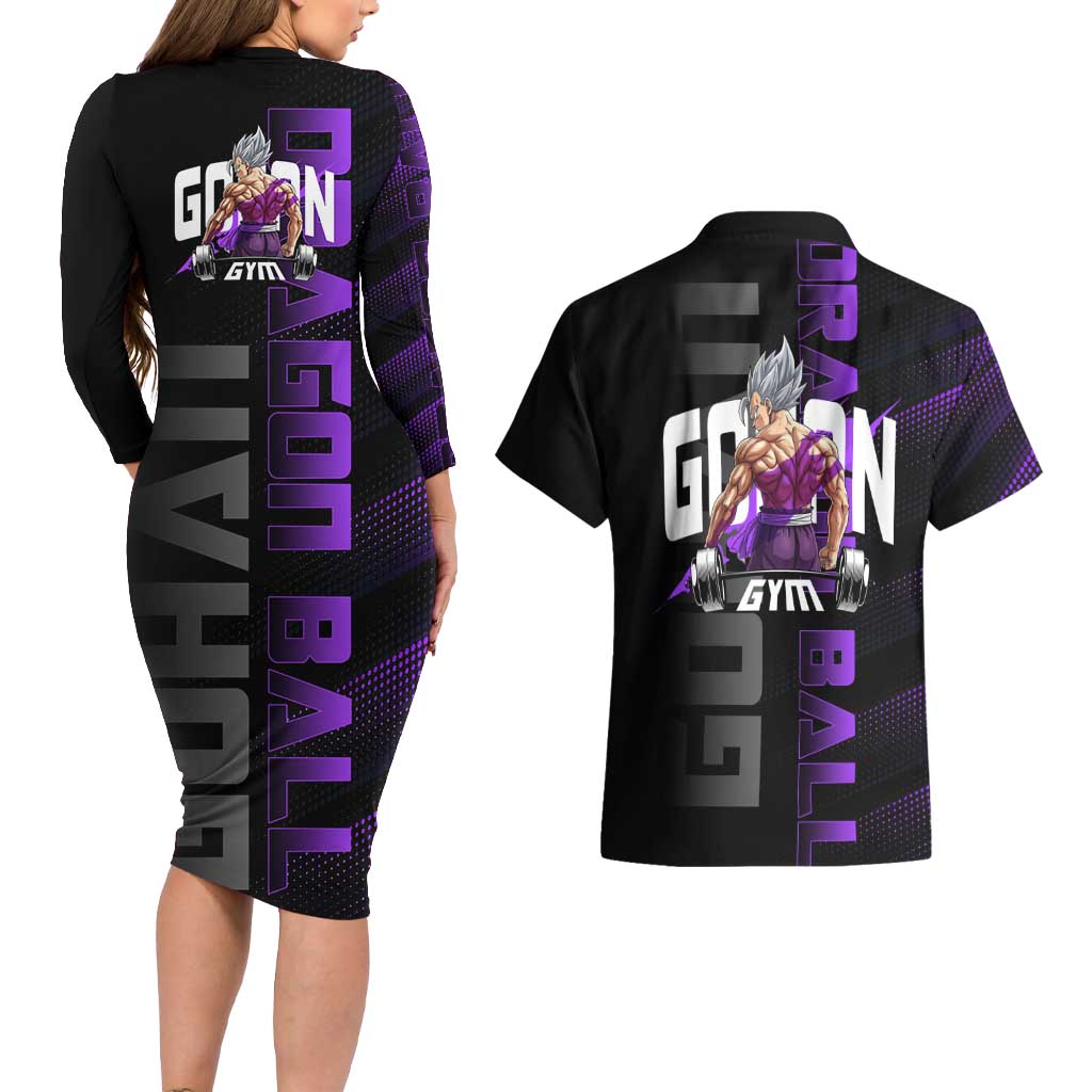 Gohan Dragon Ball Gym Theme Couples Matching Long Sleeve Bodycon Dress and Hawaiian Shirt with Dumbbell Power Lift and Electric Aura on Black and Purple Design - The Mazicc