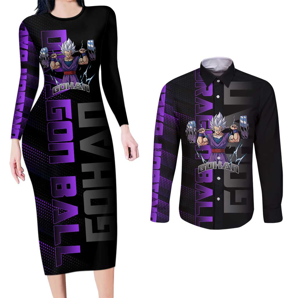 Gohan Dragon Ball Gym Theme Couples Matching Long Sleeve Bodycon Dress and Long Sleeve Button Shirt with Dumbbell Power Lift and Electric Aura on Black and Purple Design - The Mazicc